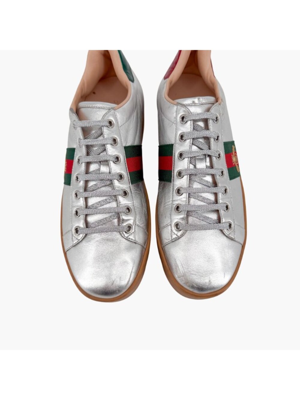 Gucci Ace Bee Silver Leather Platform Low Top Sneakers Shoes Size 41 US 11 Women - Picture 3 of 15